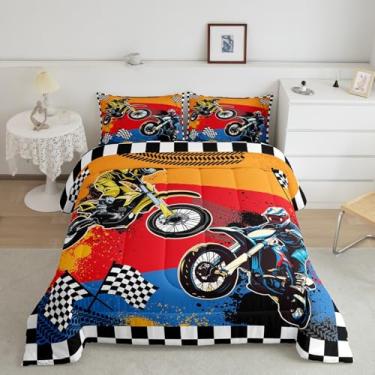 Imagem de Feelyou Jogo de cama casal para meninos, motociclista, motociclista, preto e branco, buffalo, xadrez, edredom esportivo, para decoração de quarto de crianças e adolescentes