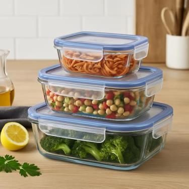 Imagem de KIT 3 Potes Vidro Herméticos Marmitas Mantimentos 4 Travas 330, 640 e 1040 ML
