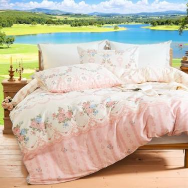 Imagem de Cozaline Conjunto de capa de edredom 100% algodão natural Queen Girl Pink Flower 3 peças, capa de edredom leve e macia, com fecho de zíper