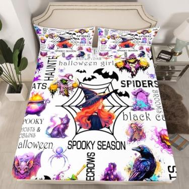 Imagem de Jogo de lençol solteiro com estampa de bruxa de Halloween com estampa de vinho de terror, caveira, fantasma, morcego, gato, corvo e abóbora, para decoração de quarto de crianças, meninos, meninas, 1