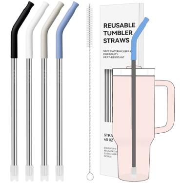 Imagem de Soledea 4 PÇS Canudos de metal de 1134 g para copo Stanley de 1,134 g, extra longo com pontas de silicone, fundo anti-clank, serve para jarros de 1,8 g e copos grandes