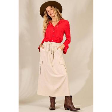 Imagem de Saia Midi De Linho Com Fendas E Bolsos Bege Yacamim G4-Feminino
