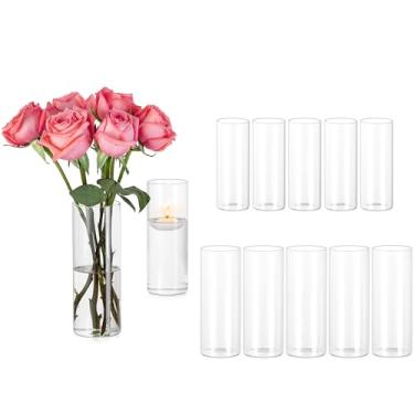 Imagem de Hewory Vasos cilíndricos de vidro para centros de mesa: conjunto de 12 vasos de furacão transparentes a granel para decoração de festa de aniversário de mesa de chá de bebê de casamento - castiçais