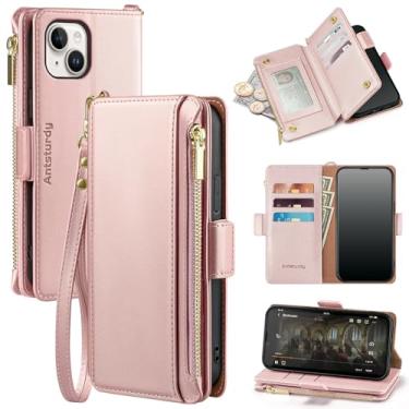 Imagem de Antsturdy Capa carteira compatível com iPhone 13 mini 【bloqueio RFID】 Capa de telefone de couro PU feminina masculina flip capa à prova de choque alça de pulso com zíper compartimentos para cartão de