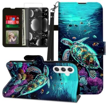 Imagem de BREIDMKFM Capa para celular Samsung Galaxy A54 5G com protetor de tela e suporte, suporte para cartão e alça de pulso carteira de couro flip capa protetora para celular para Samsung A54 5G, tartaruga