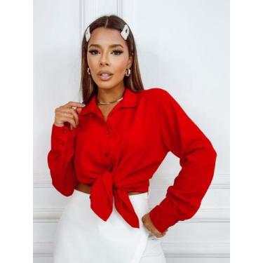 Imagem de Camisa Social Feminina Manga Longa Comprida - Rezes Moda, Vermelho, G