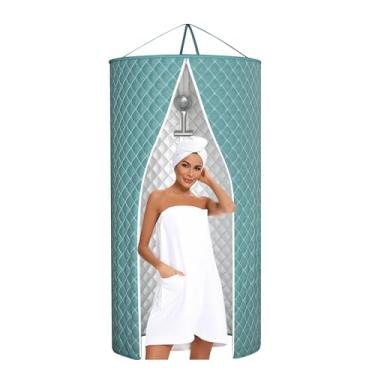 Imagem de Cortina de chuveiro dobrável portátil, 100 x 200 cm, poliéster impermeável com revestimento de prata peptídeo de alumínio, fácil instalação, economia de espaço para banheiros pequenos e viagens (azul)