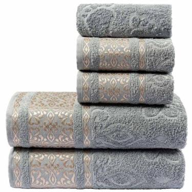 Imagem de Jogo de Banho Toalhas Malau Decorado Algodão 5 Peças - Cinza Granito -
