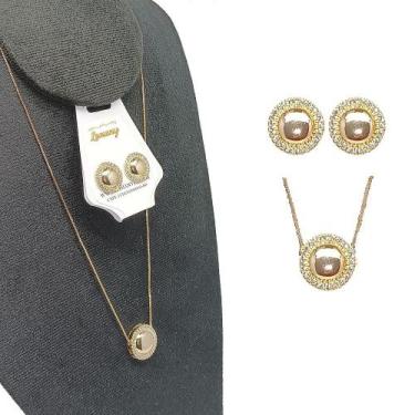 Imagem de Conjunto Colar e Brinco Redondo Zircônia Folheado Ouro -r.10 - Lomany 