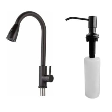 Imagem de Kit Cozinha Westing – Dosador de Detergente Preto Fosco Embutir 500 ml + Torneira Monocomando Gourmet Preto – Design Premium e Funcionalidade