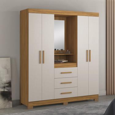 Imagem de Guarda Roupa Solteiro com Espelho e Pés 4 Portas 3 Gavetas NT5015 Notável Móveis - Freijó Trend/Off White