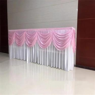 Imagem de Saia de mesa de seda longa opcional de 10/20 pés, toalha de mesa com saia e drapeado superior para decoração de mesa de buffet de aniversário e casamento, branca e rosa, A75 x L600 cm (20 pés)