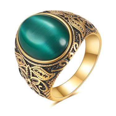 Imagem de LXBQYSTO Anel de casamento retrô grande pedra olho de tigre turquesa para homens anéis de aço inoxidável gótico clássico, 9.5, Aço inoxidável, Turquesa sintética