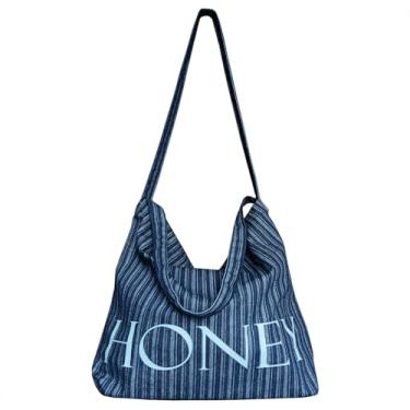 Imagem de Bolsa tiracolo de lona reversível para mulheres - Bolsa de ombro casual listrada dupla face, compras, viajante e viagem, Jeans azul, Large