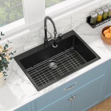 Imagem de Sarlai Pia de cozinha composta de granito 33 – pia de cozinha de granito 83 cm × 56 cm, montagem superior, quartzo preto fosco, clássico, acima do balcão, bacia única