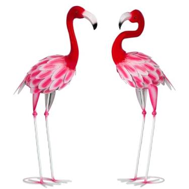 Imagem de SUNREEK Conjunto de 2 estátuas de flamingo rosa ao ar livre, flamingo de metal para decoração de jardim, pátio, gramado, quintal