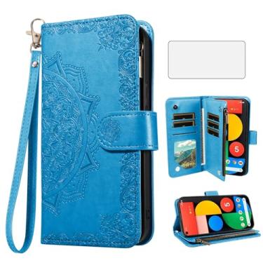 Imagem de Asuwish Capa de celular para celular Google Pixel 5 com protetor de tela de vidro temperado e flor flip porta-cartão de crédito suporte Pixel5 5G Pixle Five G5 mulheres homens azul