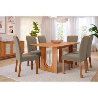 Imagem de Sala de Jantar Completa Valentina Tampo Madeirado 180x90cm e 6 Cadeiras Fernanda Cinamomo - Carvalho/Suede Joli Capuccino - Cimol