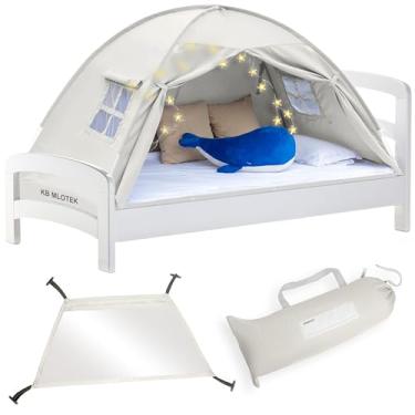 Imagem de Barraca bege para cama de solteiro para crianças - barraca de sonho mágico para meninos, dossel de cama infantil para meninas, beliche para beliche superior - cápsula sensorial de sono para crianças