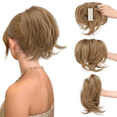 Imagem de SOFEIYAN Extensão de rabo de cavalo curto com clipe de garra, faça você mesmo, fios dobráveis, coque de cabelo falso fofo, extensões de rabo de cavalo de cabelo sintético liso para Wonen - mistura