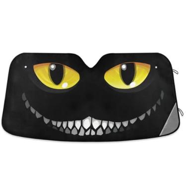 Imagem de Protetor solar de para-brisa Oarencol Black Cat Eyes Smile para carro para-brisa para-sol dobrável UV Ray protetor solar para manter o seu veículo fresco (55" x 27,6") Halloween