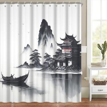 Imagem de Heevnttiy Cortina de chuveiro com pintura de tinta chinesa de 182 x 182 cm, aquarela, preto, pavilhão, pássaro, pinheiros, barco, lago, para decoração de banheiro, lavável na máquina, tecido de