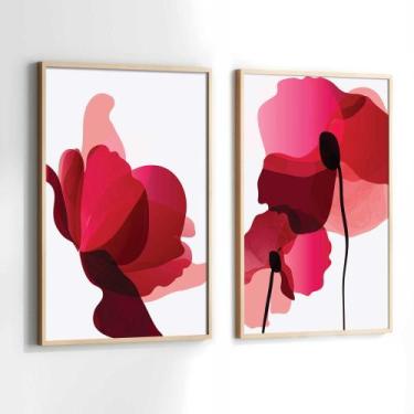 Imagem de Conjunto Quadros Decorativos com Moldura Flores Vermelha Kit 2 Quadros