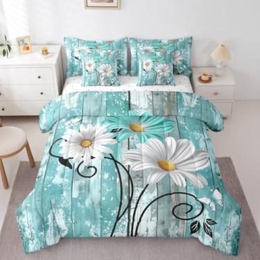 Imagem de Jogo de cama de casal com flores rústicas, floral, casa de fazenda, margarida azul-petróleo em uma bolsa, para decoração de quarto de madeira, flores silvestres com edredom, marrom turquesa