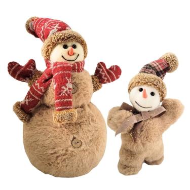 Imagem de Jogo 2 Bonecos de Neve Decorativos Natal Pelúcia Marrom Claro Gorro e Cachecol Xadrez e Crochê 26cm e 20cm