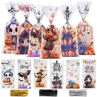 Imagem de LOAVER 180 unidades de sacos de guloseimas de celofane de Halloween a granel, sacos de plástico transparente para doces com 210 peças de laços torcidos para doces ou travessuras de Halloween lanches