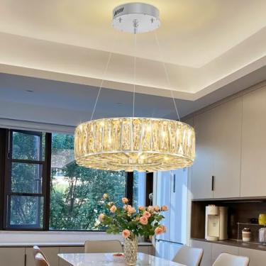 Imagem de WOSOHYUN Lustre moderno de cristal prateado 40,6 cm redondo luxuoso K9 luminária pendente de cristal lustre de teto para sala de estar, sala de jantar, escada, cozinha, quarto