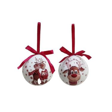 Imagem de Kit 2 Bolas de Natal Decoradas Brancas Estampa Rena Love e Laço Vermelho 7,5cm