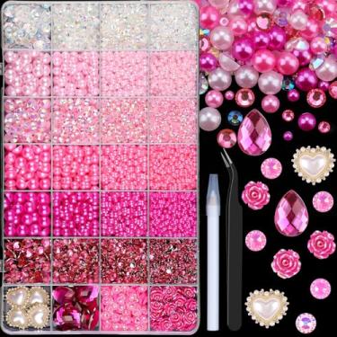 Imagem de 11200 peças de pérolas planas e strass de resina para artesanato, rosa vermelha 3-8 mm meias pérolas e strass de geleia de 3-6 mm com ferramentas de captação, pedras em gota para artesanato faça você