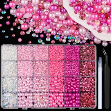 Imagem de 10.000 peças de pérolas planas e strass de resina para artesanato, rosa vermelha 3-8 mm meias pérolas e strass de geleia de 3-6 mm com ferramentas de captação, pedras deslumbrantes para artesanato DIY