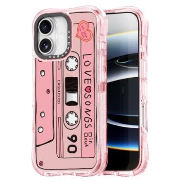 Imagem de Rosarnnah Capa para iPhone fofa - Capa de telefone à prova de choque com proteção contra quedas de grau militar de 6 metros - Design engraçado de fita cassete para 17 (6,3 polegadas) Glitter Pink