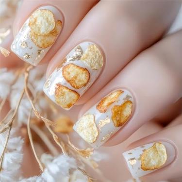 Imagem de RTKHFZE Unhas postiças quadradas médias com folhas douradas, folhas de ouro, desenhos de folha dourada, unhas de acrílico artificial, cobertura total brilhante, cola nas unhas, 24 peças