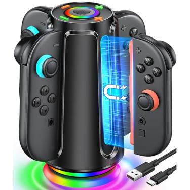 Imagem de Base de carregamento Switch 2 para controle Nintendo Joy Con (2025), estação de carregamento Mocagen Joy-Con 2 com luz dinâmica, suporte magnético para switch 4 em 1, 2 acessórios Joy-con