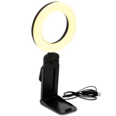 Imagem de Anel de luz de selfie, luz de preenchimento de 12 cm para telefone, luz de videoconferência com brilho ajustável, alimentada por USB, lâmpada de preenchimento de laptop giratória de 360° para