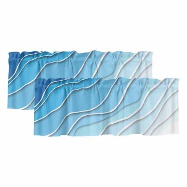 Imagem de Cortina de saia azul ombré para janelas Kithchen românticas azul e branco gradiente moderno abstrato geométrico cortina bolso de varão sanefas para quarto/sala de estar/banheiro, 2 painéis, 137 x 45