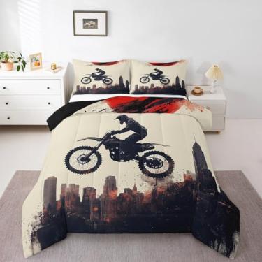 Imagem de Feelyou Jogo de cama queen para crianças, motocross, corrida, motocross, para meninos e meninas, adolescentes, para decoração de quarto com 2 fronhas