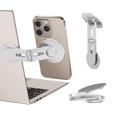 Imagem de ALAFLY Suporte magnético para laptop compatível com MagSafe iPhone, suporte lateral ajustável de eixo duplo de 180°, suporte dobrável portátil fino para computador/Tesla/monitor/esteira, prata
