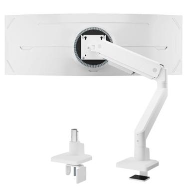 Imagem de monTEK Braço de monitor único para telas ultralargas de até 45 polegadas Suporte de mesa ajustável para monitor comporta gerenciamento de cabos de 16 kg com braçadeira C/suporte de mesa com ilhós