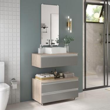 Imagem de Conjunto Gabinete Banheiro 80cm (gabinete + cuba + espelheira)(Madeirado/Cinza)