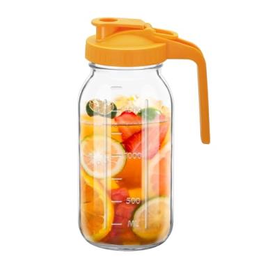Imagem de 1 jarro de vidro largo de 1,814 g, com tampa, à prova de vazamento duplo com alça, jarro de água de boca larga, recipiente de geladeira para água, suco (1, laranja)