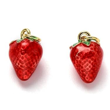 Imagem de Stiesy Berloque de morango banhado a ouro 18K 5 peças de pingentes de frutas 3D em latão esmaltado vermelho com anel de salto para fazer joias, pulseira, colar, brinco, artesanato DIY