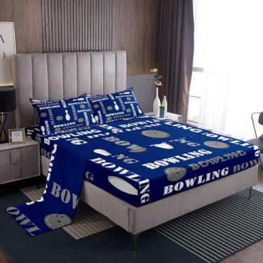 Imagem de Feelyou Jogo de lençol King com estampa de boliche, bola de boliche, para crianças, adolescentes e meninas, azul, lençol com elástico para quarto de todas as estações, 2 fronhas
