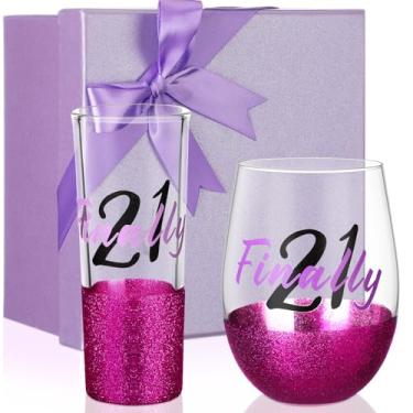 Imagem de Singhoow 2 peças de presente de aniversário para ela taça de vinho sem haste com glitter, decorações de aniversário, lembrancinhas de festa para mulheres, filha, irmã, amigas, colega de trabalho