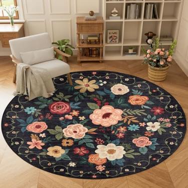 Imagem de DUKINO Tapete redondo floral, tapete circular lavável de 1,8 m, tapete circular antiderrapante para interior baixo, tapete macio com design boho pequeno para quarto, entrada, sala de estar, sala de