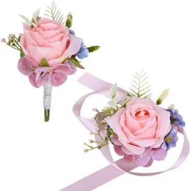Imagem de MAFELOE Conjunto de 2 peças de corpete e flor na lapela, acessórios de flores artificiais, decorações de terno para baile, festa de casamento, celebração, evento de negócios - rosa (W5-X1-MG-XY)
