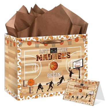Imagem de HSKMAKE Bolsa de presente de basquete, bolsa de presente com tema de basquete, com cartão e papel de seda, grande, decoração de festa temática Let The Madness Begin, para meninos, crianças
